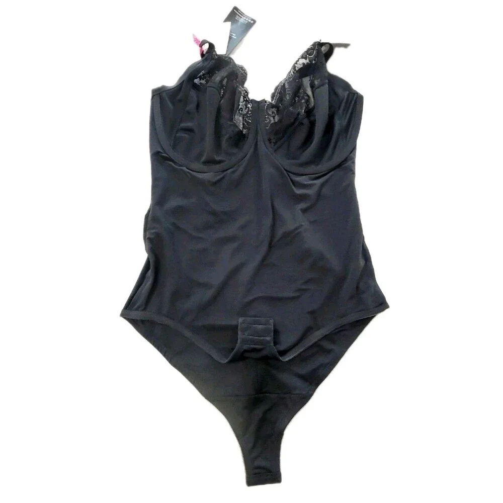 Maidenform 1456 Flexees 40D Lace Bodybriefer Built-In Bra Firm Body Shaper Black